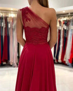 One Shoulder Red Prom Dress Floor Length Sleeveless Maxi Dress with Front Slit by misshow.com