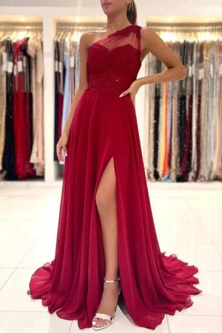 One Shoulder Red Prom Dress Floor Length Sleeveless Maxi Dress with Front Slit by misshow.com