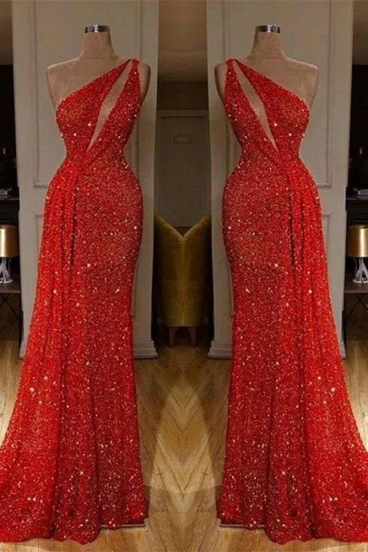 One Shoulder Red Sexy Sequins Long Prom Dresses by misshow.com