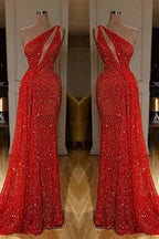 One Shoulder Red Sexy Sequins Long Prom Dresses by misshow.com