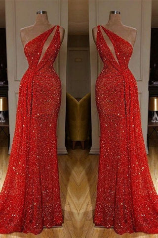 One Shoulder Red Sexy Sequins Long Prom Dresses