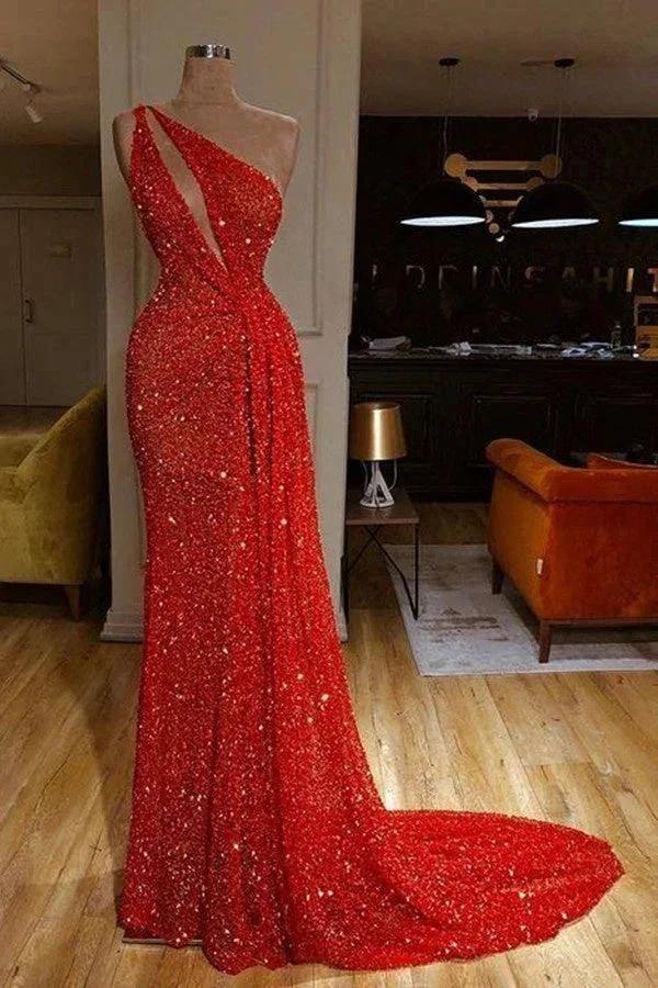 One Shoulder Red Sexy Sequins Long Prom Dresses by misshow.com