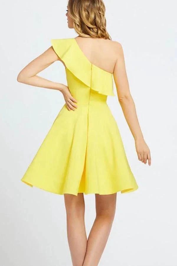 One Shoulder Ruffled Short Prom Dress Yellow Homecoming Dress PD342 by pgmdress
