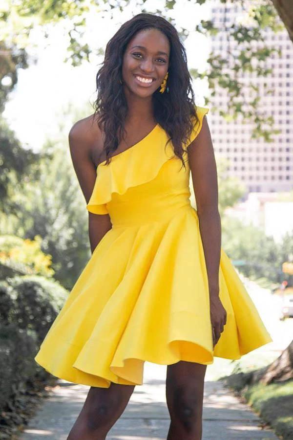 One Shoulder Ruffled Short Prom Dress Yellow Homecoming Dress PD342 by pgmdress