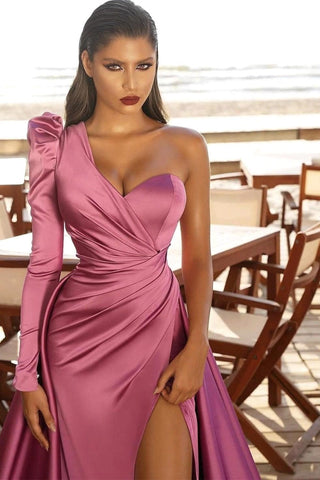 One Shoulder Satin Side Split Prom Gowns with Sweep Train