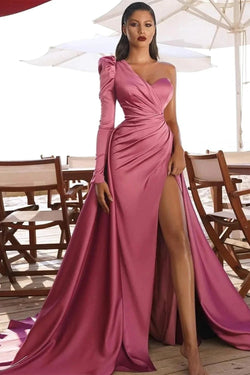 One Shoulder Satin Side Split Prom Gowns with Sweep Train by misshow.com