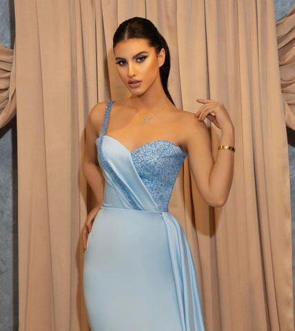 One Shoulder Sequins Sweetheart Sheath Split Prom Dress With Side Train