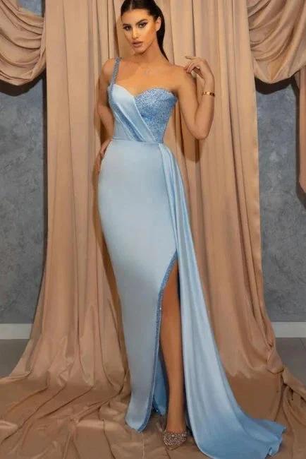 One Shoulder Sequins Sweetheart Sheath Split Prom Dress With Side Train by misshow.com