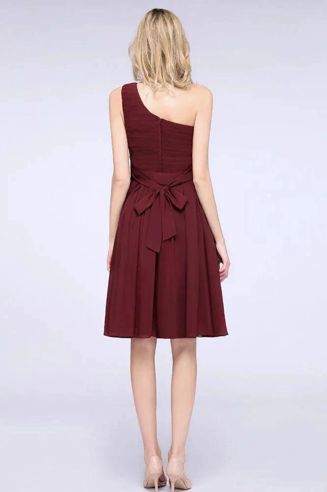 One-Shoulder Sleeveless Knee-Length Bridesmaid Dress with Ruffles Formal Party Dress by misshow.com