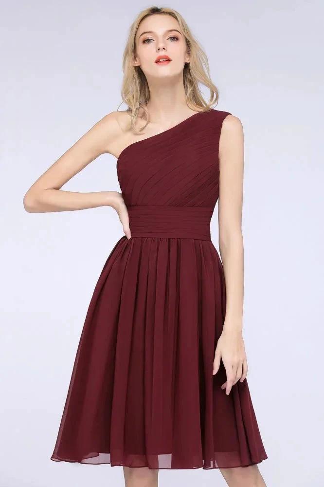 One-Shoulder Sleeveless Knee-Length Bridesmaid Dress with Ruffles Formal Party Dress by misshow.com