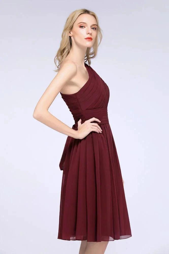 One-Shoulder Sleeveless Knee-Length Bridesmaid Dress with Ruffles Formal Party Dress by misshow.com