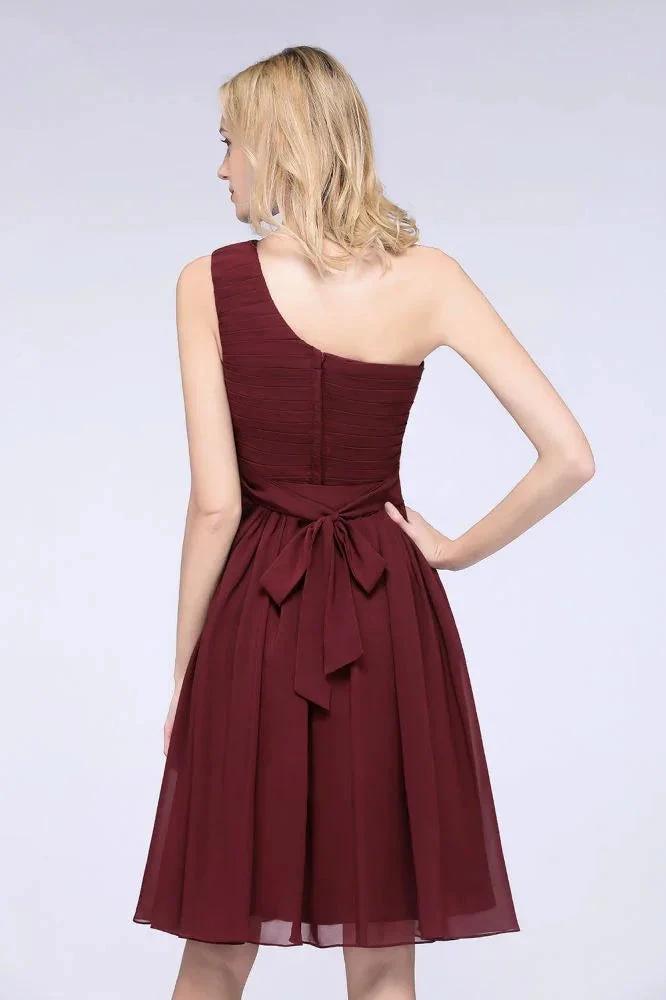 One-Shoulder Sleeveless Knee-Length Bridesmaid Dress with Ruffles Formal Party Dress by misshow.com