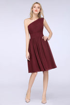 One-Shoulder Sleeveless Knee-Length Bridesmaid Dress with Ruffles Formal Party Dress