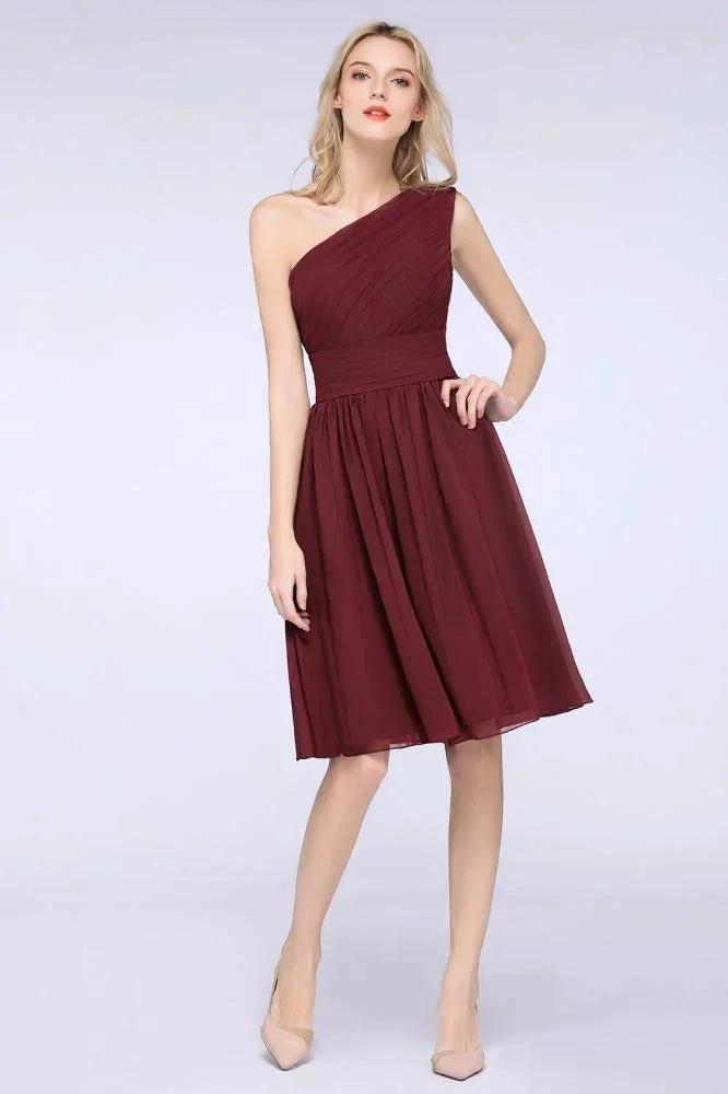 One-Shoulder Sleeveless Knee-Length Bridesmaid Dress with Ruffles Formal Party Dress by misshow.com
