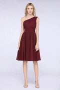 One-Shoulder Sleeveless Knee-Length Bridesmaid Dress with Ruffles Formal Party Dress by misshow.com