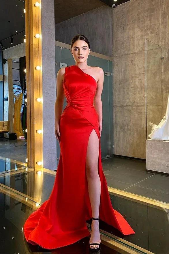 One Shoulder Sleeveless Ruffles Split Mermaid Prom Dresses by misshow.com