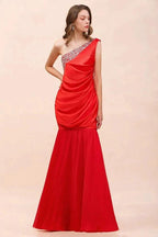 One Shoulder Strech Satin Red Ruffle Bridesmaid Dress Floor Length/Mini Party Dress by misshow.com
