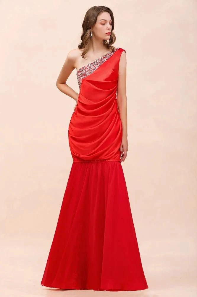 One Shoulder Strech Satin Red Ruffle Bridesmaid Dress Floor Length/Mini Party Dress by misshow.com