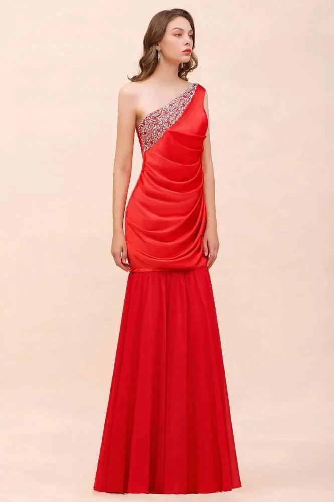 One Shoulder Strech Satin Red Ruffle Bridesmaid Dress Floor Length/Mini Party Dress by misshow.com