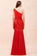 One Shoulder Strech Satin Red Ruffle Bridesmaid Dress Floor Length/Mini Party Dress by misshow.com
