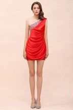 One Shoulder Strech Satin Red Ruffle Bridesmaid Dress Floor Length/Mini Party Dress by misshow.com