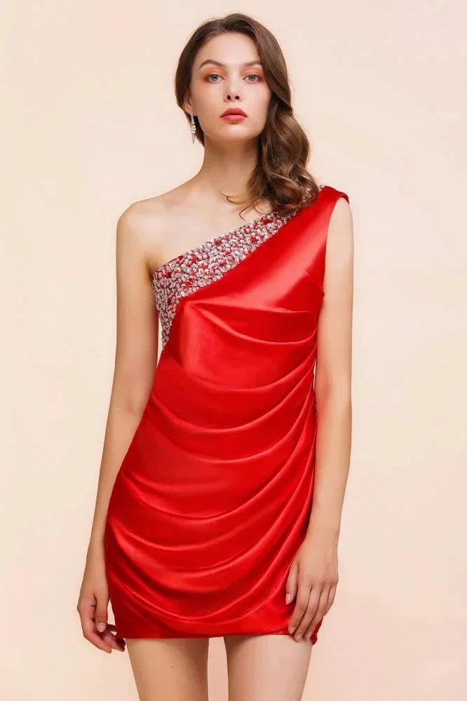 One Shoulder Strech Satin Red Ruffle Bridesmaid Dress Floor Length/Mini Party Dress by misshow.com