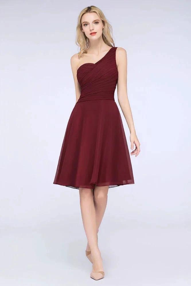 One-Shoulder Sweetheart Knee-Length Bridesmaid Dress Ruffles aline Party Dress by misshow.com