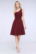 One-Shoulder Sweetheart Knee-Length Bridesmaid Dress Ruffles aline Party Dress