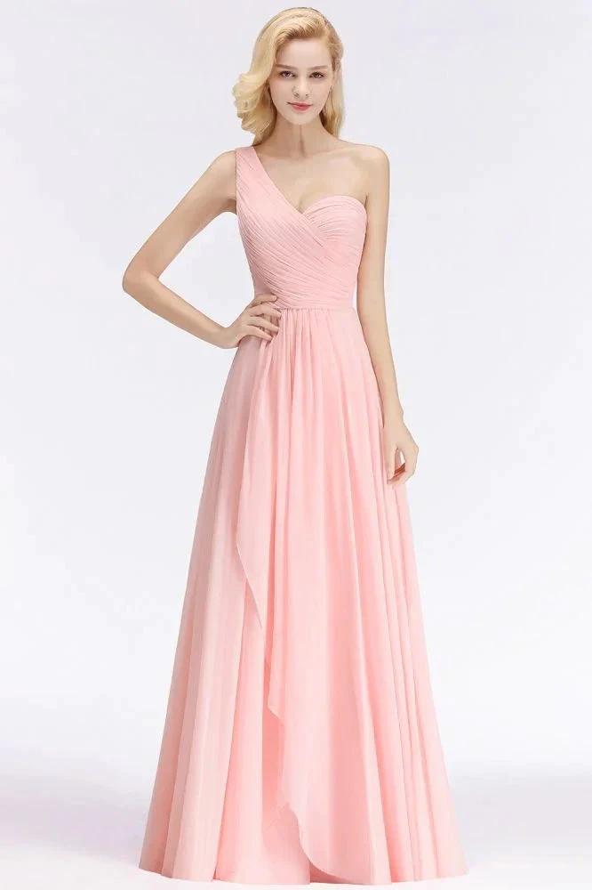 One-shoulder Sweetheart Ruffles Chiffon Bridesmaid Dress Aline Evening Dress by misshow.com