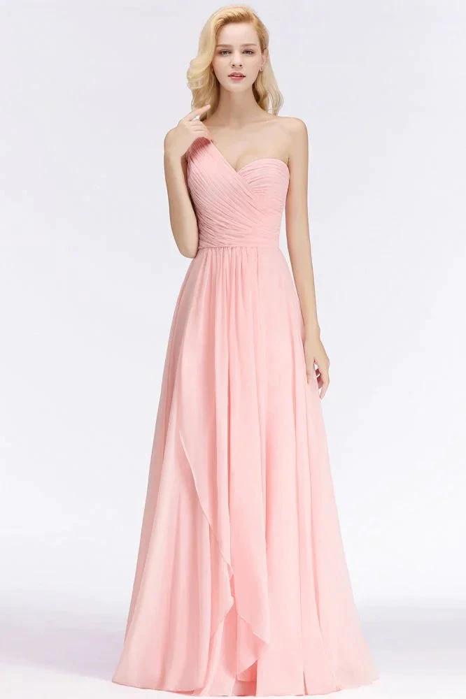 One-shoulder Sweetheart Ruffles Chiffon Bridesmaid Dress Aline Evening Dress by misshow.com