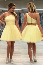 One Shoulder Yellow Chic Tulle Homecoming Dress Cute Graduation Dress PD374 by pgmdress