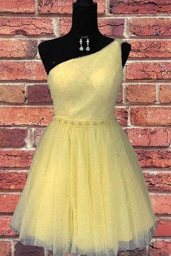 One Shoulder Yellow Chic Tulle Homecoming Dress Cute Graduation Dress PD374 by pgmdress