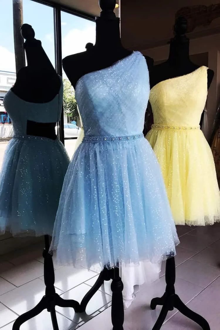 One Shoulder Yellow Chic Tulle Homecoming Dress Cute Graduation Dress PD374 by pgmdress