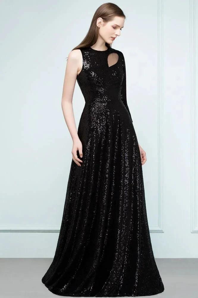 One-sleeve Black A-line Floor Length Sequined Prom Dresses by misshow.com