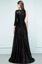 One-sleeve Black A-line Floor Length Sequined Prom Dresses by misshow.com
