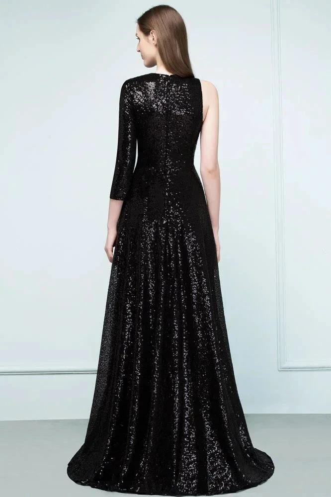 One-sleeve Black A-line Floor Length Sequined Prom Dresses by misshow.com