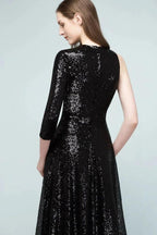 One-sleeve Black A-line Floor Length Sequined Prom Dresses by misshow.com