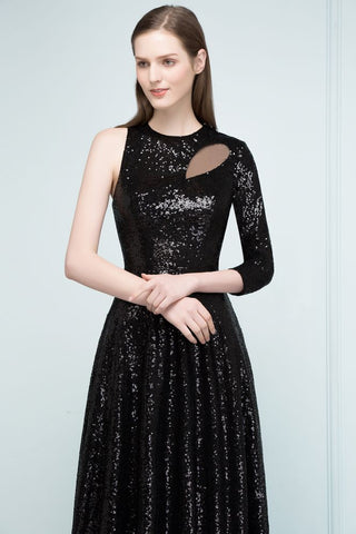Vestidos de fiesta negros de una sola manga, corte A, largos hasta el suelo, con lentejuelas