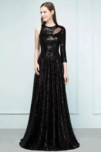 One-sleeve Black A-line Floor Length Sequined Prom Dresses by misshow.com