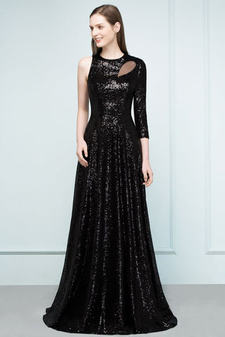 Vestidos de fiesta negros de una sola manga, corte A, largos hasta el suelo, con lentejuelas