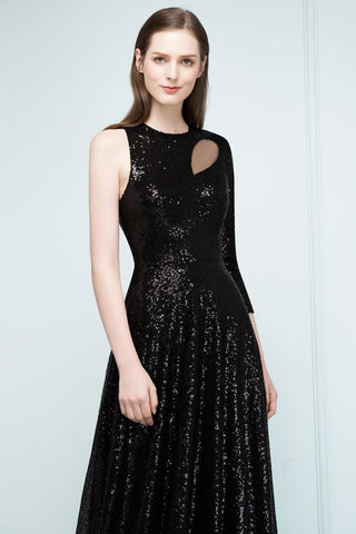 Vestidos de fiesta negros de una sola manga, corte A, largos hasta el suelo, con lentejuelas