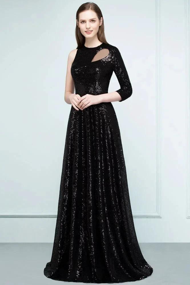 One-sleeve Black A-line Floor Length Sequined Prom Dresses by misshow.com