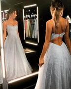 Open Back Spaghetti Strap Sequin Prom Dresses Ice Blue Sexy Evening Gowns by misshow.com