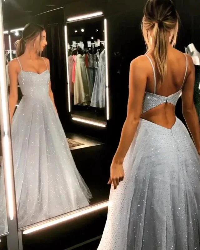 Open Back Spaghetti Strap Sequin Prom Dresses Ice Blue Sexy Evening Gowns by misshow.com