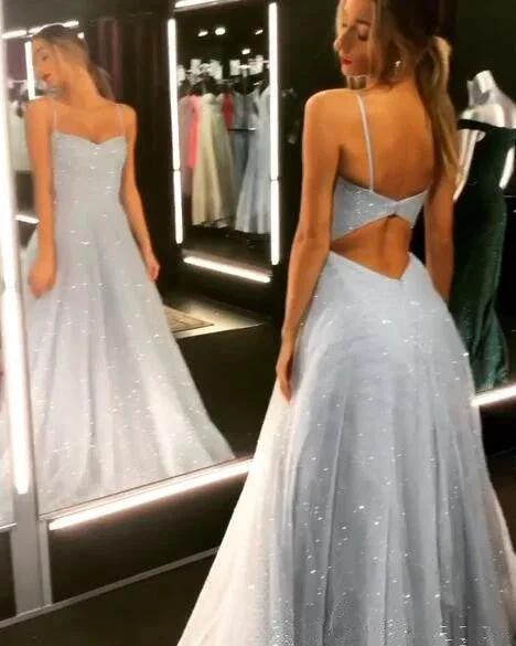 Open Back Spaghetti Strap Sequin Prom Dresses Ice Blue Sexy Evening Gowns by misshow.com