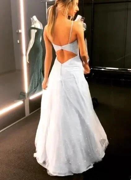 Open Back Spaghetti Strap Sequin Prom Dresses Ice Blue Sexy Evening Gowns by misshow.com
