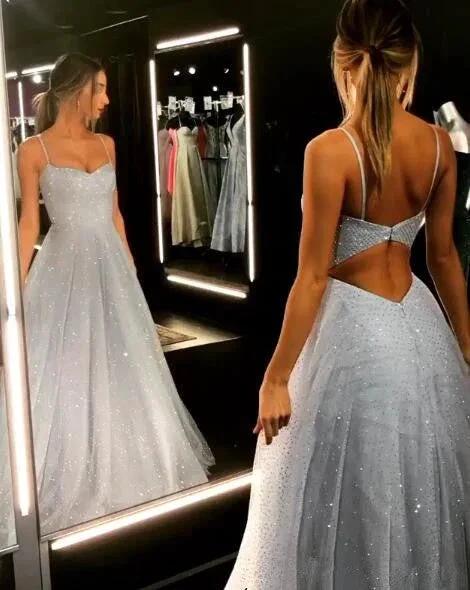 Open Back Spaghetti Strap Sequin Prom Dresses Ice Blue Sexy Evening Gowns by misshow.com