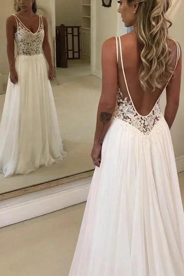 Open Back V-neck Lace Chiffon Wedding Dress by misshow.com