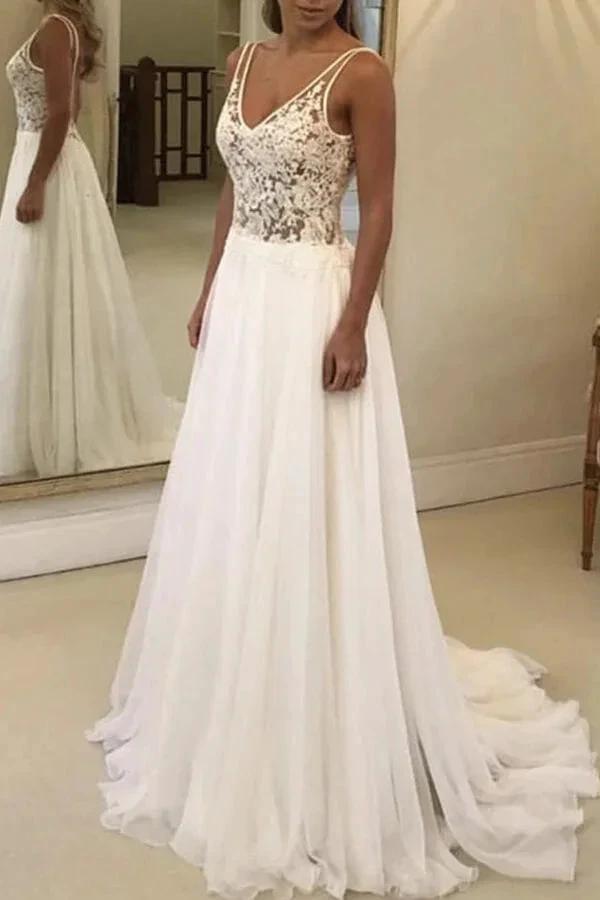 Open Back V-neck Lace Chiffon Wedding Dress by misshow.com