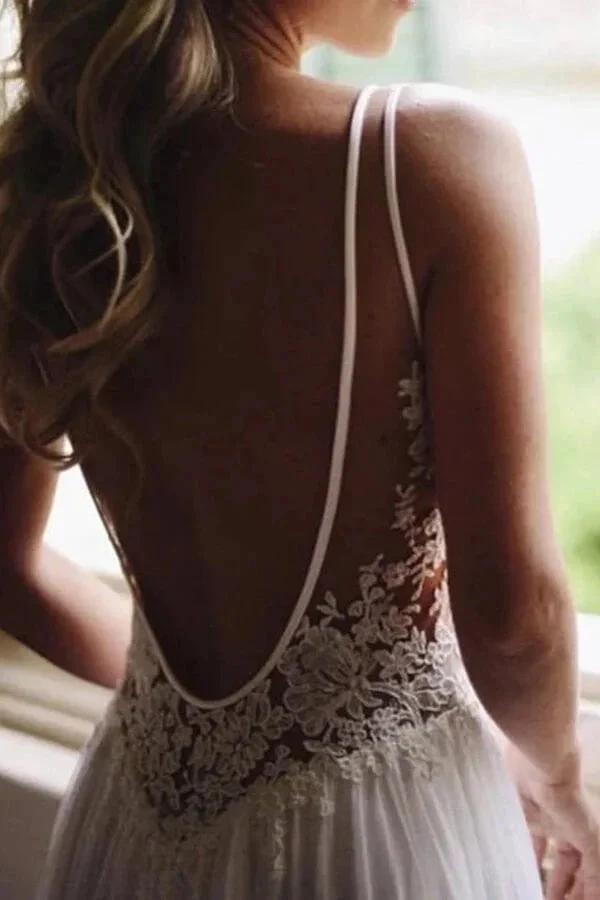 Open Back V-neck Lace Chiffon Wedding Dress by misshow.com
